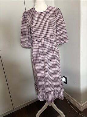 Nobody’s Child Rachel Pink & Blue Gingham Midi Dress with Puff Sleeves